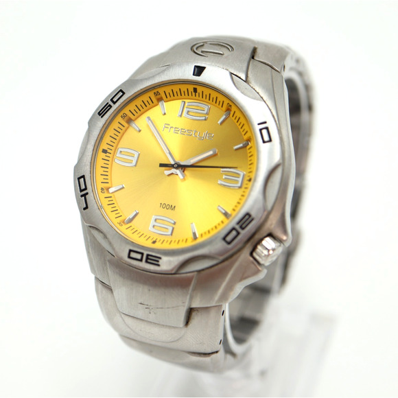 Freestyle Stainless Steel Diver Watch 38mm Yellow Dial Silver Tone w New Battery - Picture 1 of 13